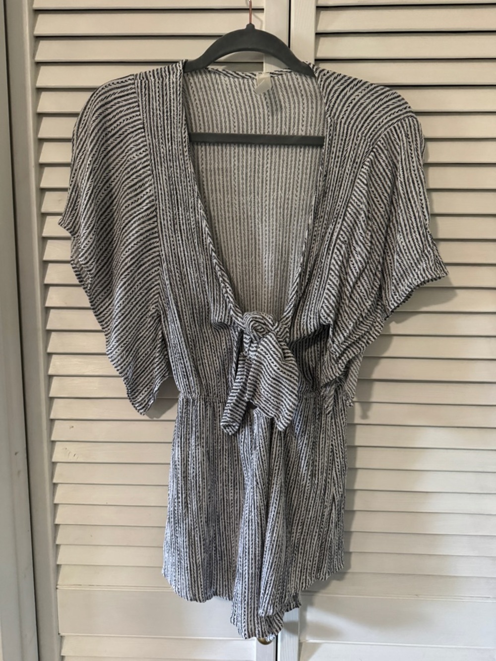 Striped Knit Tie-Front Romper in Black and White